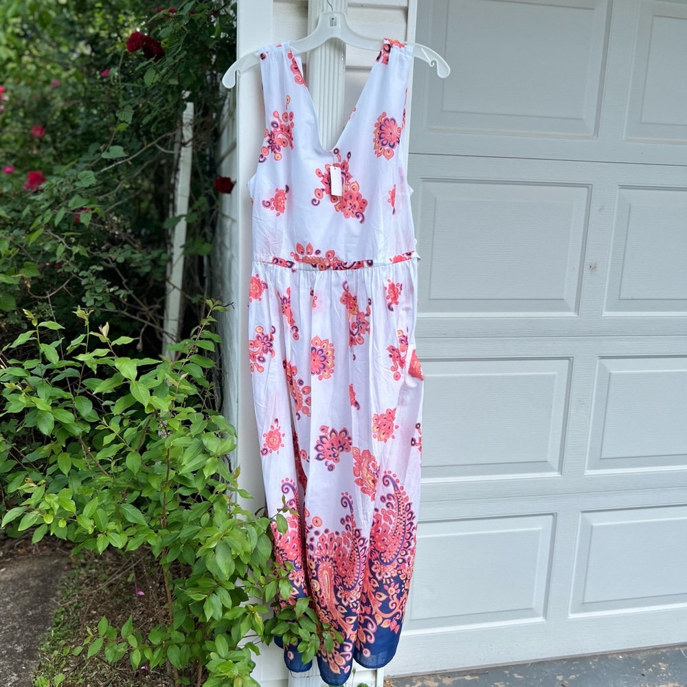 NWT Talbots Gorgeous Navy Pink Yellow Orange Cotton Lined Maxi Dress